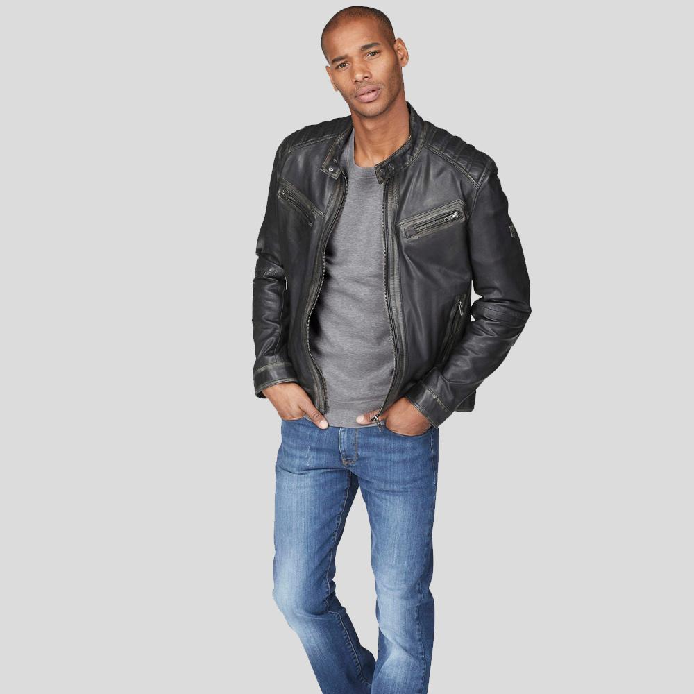 Lucas Black Motorcycle Leather Jacket - Shearling leather