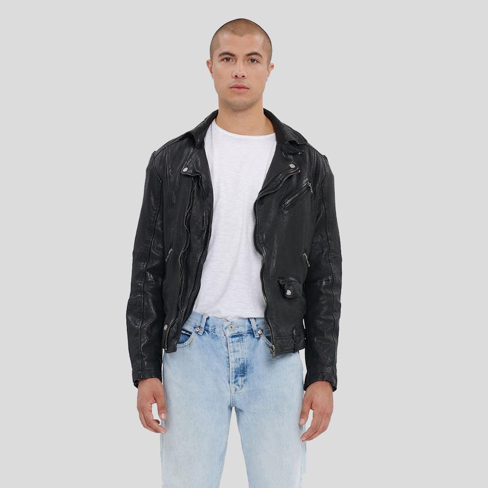 Lysle Black Motorcycle Leather Jacket - Shearling leather