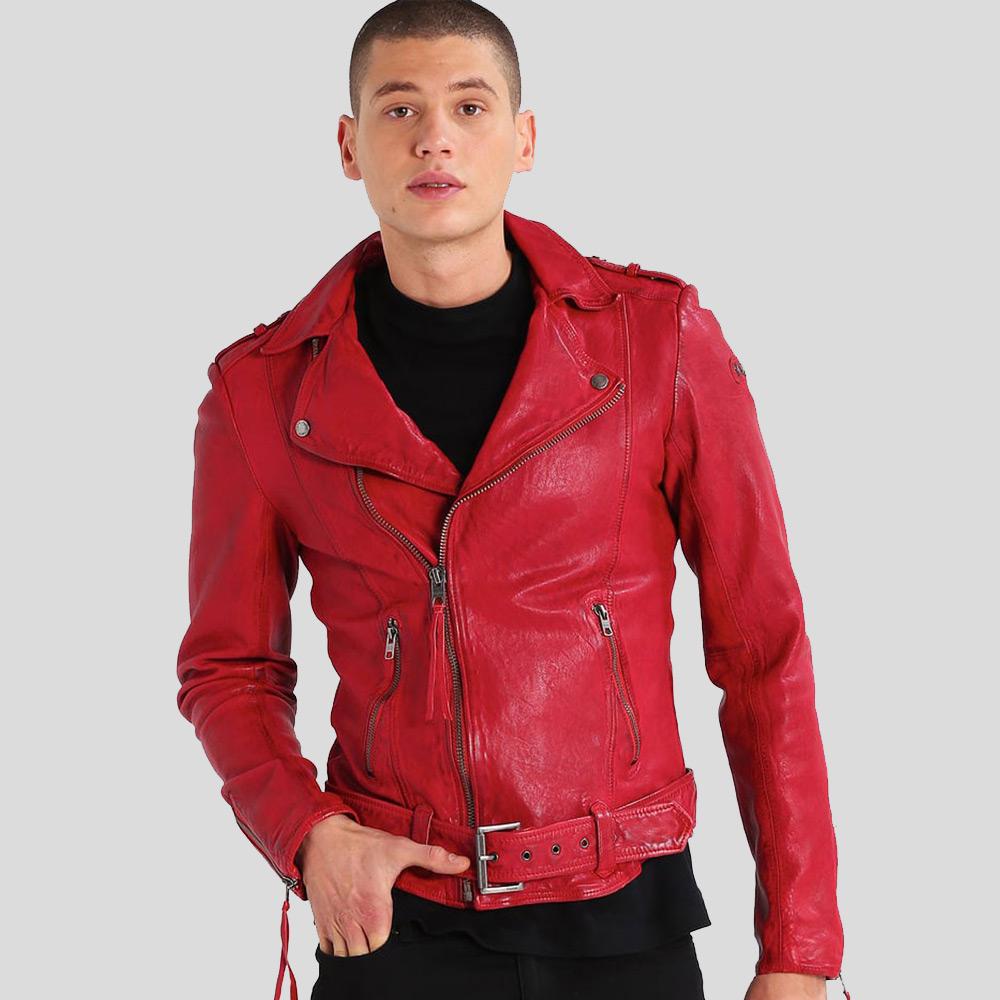 Buel Red Motorcycle Leather Jacket - Shearling leather