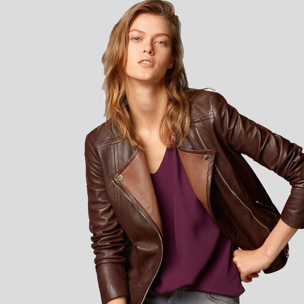 Olivia Brown Motorcycle Leather Jacket - Shearling leather