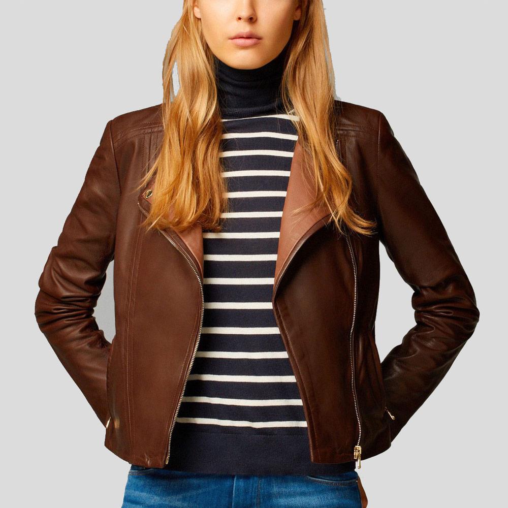 Olivia Brown Motorcycle Leather Jacket - Shearling leather