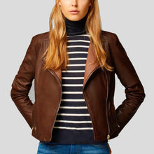 Load image into Gallery viewer, Olivia Brown Motorcycle Leather Jacket - Shearling leather
