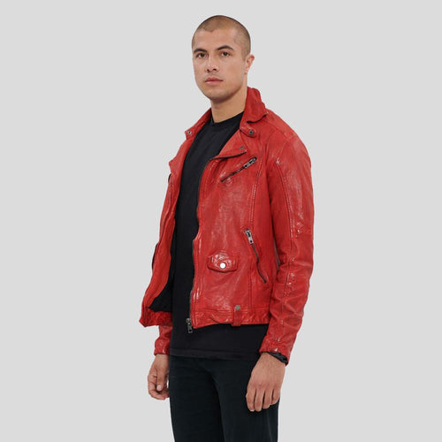 Zuse Red Motorcycle Leather Jacket - Shearling leather