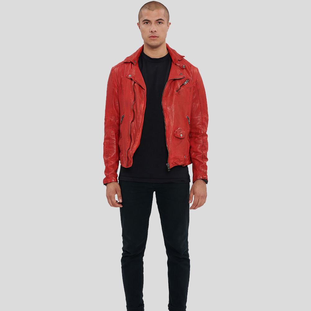 Zuse Red Motorcycle Leather Jacket - Shearling leather