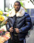 MEN V BOMBER JACKET - NAVY BLUE (OFF WHITE FUR) - Shearling leather