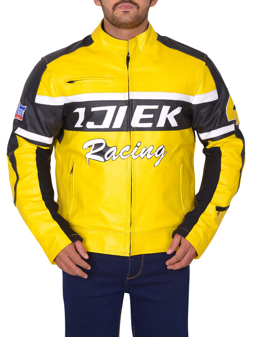 Black & Yellow Biker Leather Jacket - Shearling leather