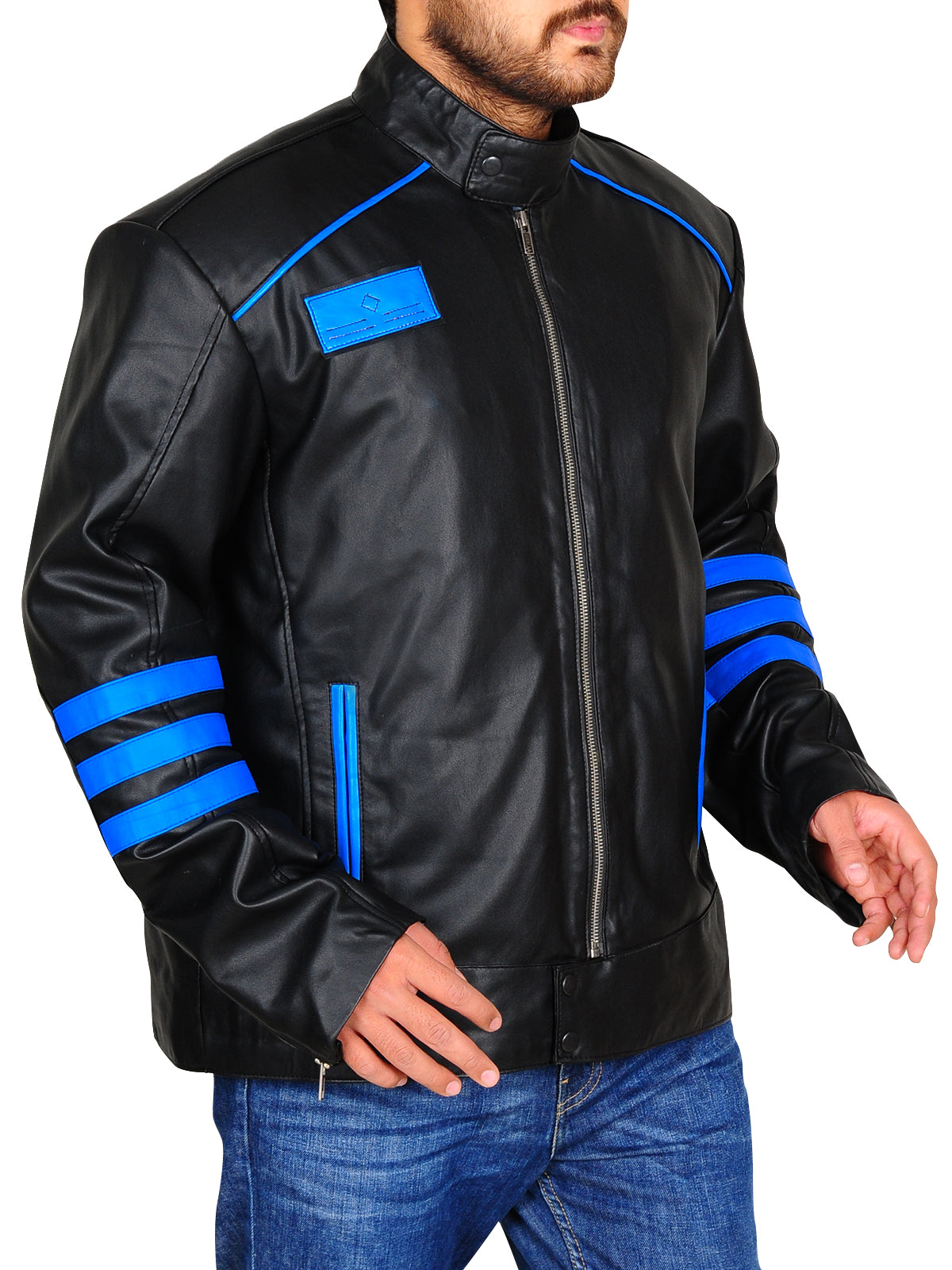 Black & Blue Biker Leather Jacket - Shearling leather
