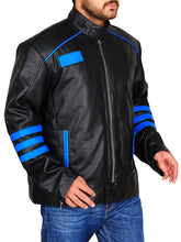 Load image into Gallery viewer, Black &amp; Blue Biker Leather Jacket - Shearling leather

