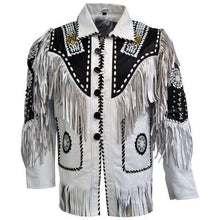 Load image into Gallery viewer, Men&#39;s Suede Fringe Jacket White Black Cow Hide Stylish Suede Jacket - Shearling leather
