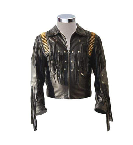 Men's Bluish Black Leather Western Cowboy Leather Jacket Fringe Bones - Shearling leather