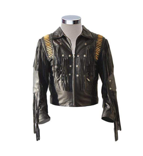 Men's Bluish Black Leather Western Cowboy Leather Jacket Fringe Bones - Shearling leather