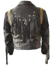 Load image into Gallery viewer, Men&#39;s Bluish Black Leather Western Cowboy Leather Jacket Fringe Bones - Shearling leather
