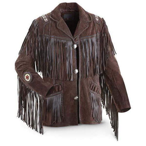 Men's Bluish Brown Suede Western Cowboy Leather Jacket Fringe Bones - Shearling leather