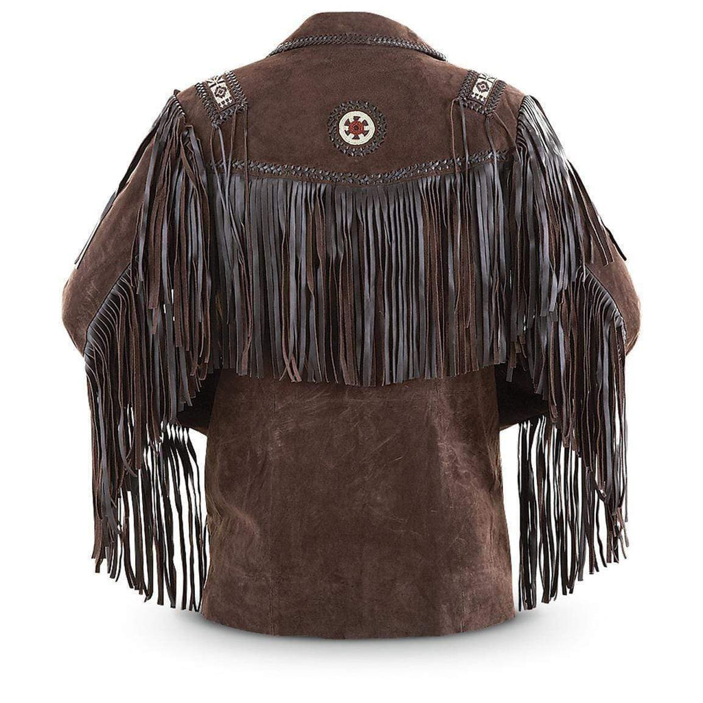 Men's Bluish Brown Suede Western Cowboy Leather Jacket Fringe Bones - Shearling leather