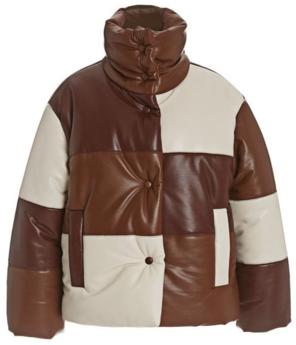 Luxury Style Lamb Brown Leather Puffer Jacket - Shearling leather