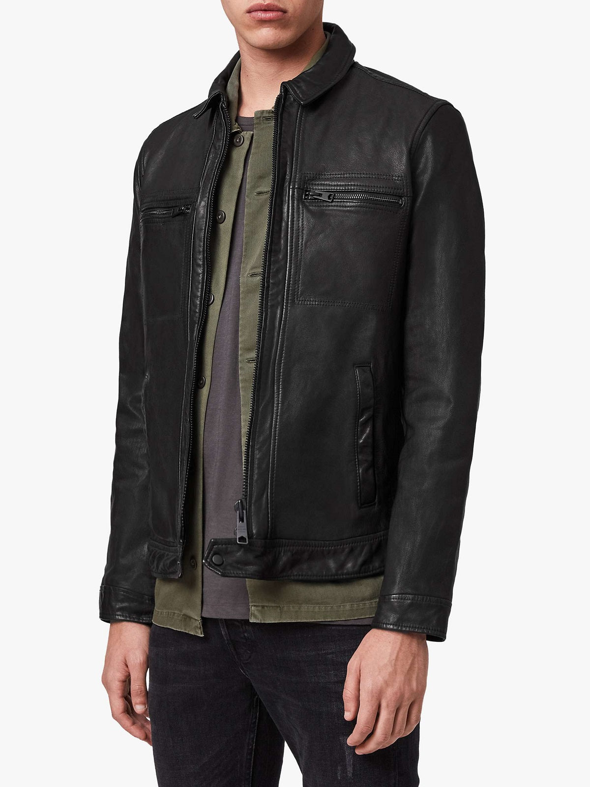 Men Solid Black Leather Jacket - Shearling leather