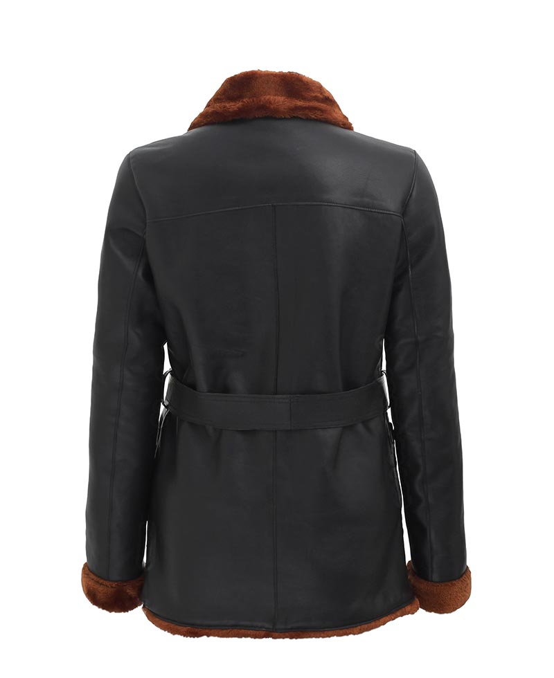 Womens Black Double Breasted 3 4 Length Shearling Leather Coat
