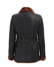 Load image into Gallery viewer, Womens Black Double Breasted 3 4 Length Shearling Leather Coat
