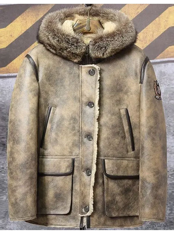 Mens Hooded Shearling Collar Leather Bomber Jacket 