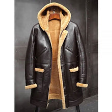 Load image into Gallery viewer, Mens RAF Hooded Shearling Sheepskin Leather Long Jacket Winter Coats 
