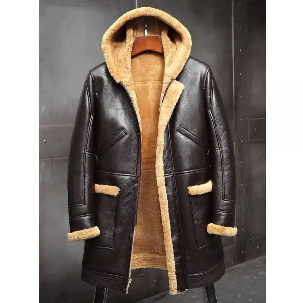 Mens RAF Hooded Shearling Sheepskin Leather Long Jacket Winter Coats 