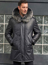 Load image into Gallery viewer, Leather Down Jacket With Fox Fur Collar Hooded Winter Overcoat Long Warm Outwear

