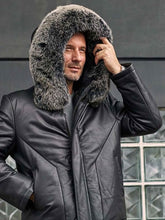 Load image into Gallery viewer, Leather Down Jacket With Fox Fur Collar Hooded Winter Overcoat Long Warm Outwear
