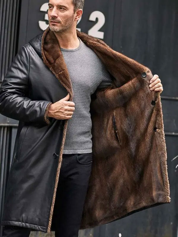 Cowhide Shearling Fur Parkas Hooded Leather Coat 