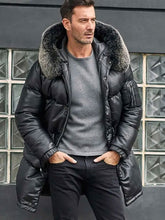 Load image into Gallery viewer, Leather Down Jacket With Fox Fur Collar Long Winter Coat Hooded Warm Overcoat
