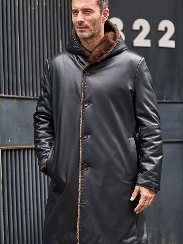 Cowhide Shearling Fur Parkas Hooded Leather Coat 