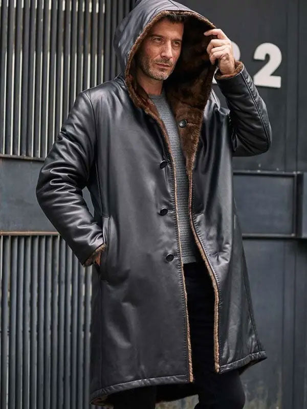 Cowhide Shearling Fur Parkas Hooded Leather Coat 