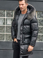Load image into Gallery viewer, Leather Down Jacket With Fox Fur Collar Long Winter Coat Hooded Warm Overcoat
