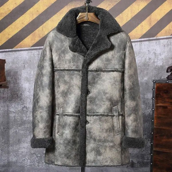 Men's Hunting Leather Shearling Bomber Trench Coat