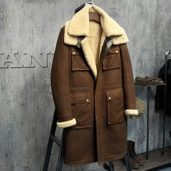 Men’s Shearling Coat Men’s Fur Parka. Imports Wool From Australia Sheepskin Jacket Black And Light