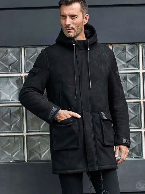 Men's Black Hooded Shearling Leather Overcoat