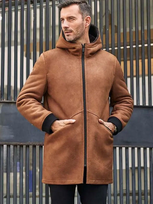 Brown Sheepskin Shearling Fur Hooded Outwear Winter Overcoat Leather Jacket 