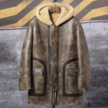 Load image into Gallery viewer, Sheepskin Coat Long Leather Jacket Hooded Fur Coat Thick Mens Winter Coats
