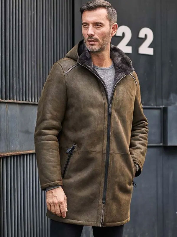 Men's Olive Green Hooded Shearling Leather Coat