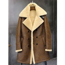 Load image into Gallery viewer, Mens Winter Flight Sheepskin Shearling Fur Aviator Long Leather Bomber Jacket Trench Coat 
