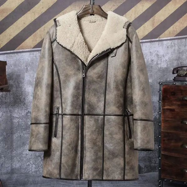 Men's Distressed Grey Shearling Leather Long Coat