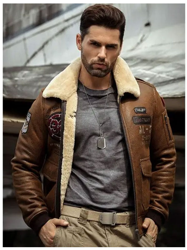 Mens Brown RAF B3 Pilot Aviator Flying Bomber Coat Embroidered  Leather Jacket