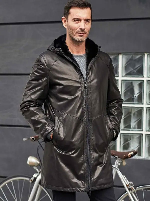 Shearling Fur Hooded Leather Trench Coat Outerwear 