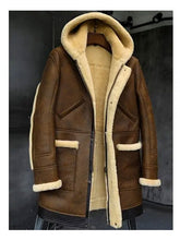 Load image into Gallery viewer, Mens Winter Hooded Sheepskin Shearling Fur Leather Long Jacket Coat
