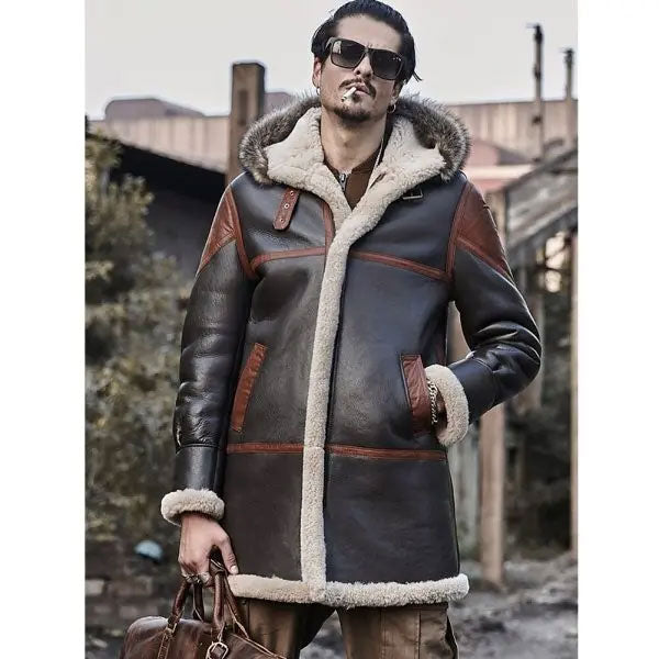Men's Hooded Bomber Shearling Leather Jacket