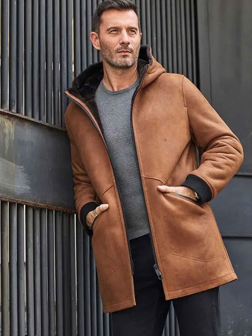 Brown Sheepskin Shearling Fur Hooded Outwear Winter Overcoat Leather Jacket 