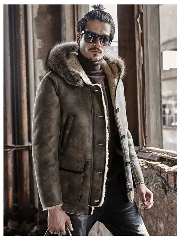Mens Winter Hooded Raccoon Fur Shearling Collar Leather Bomber Jacket Coat