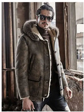 Load image into Gallery viewer, Mens Winter Hooded Raccoon Fur Shearling Collar Leather Bomber Jacket Coat
