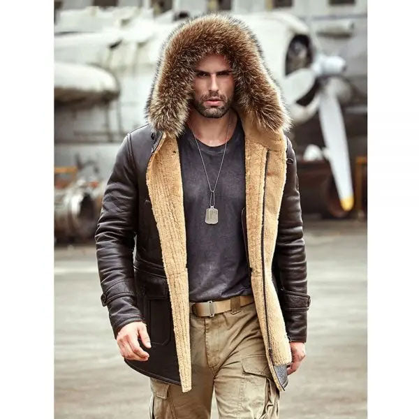 Mens Winter Brown B3 Hooded Leather Bomber Shearling Long Mink Fur Collar Jacket Trench Coat 