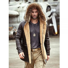 Load image into Gallery viewer, Mens Winter Brown B3 Hooded Leather Bomber Shearling Long Mink Fur Collar Jacket Trench Coat 
