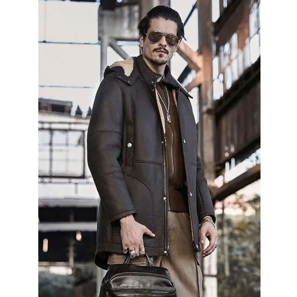 New Men's RAF Aviator 2022 Winter Hooded Shearling Fur Leather Bomber Jacket Long Trench Coa